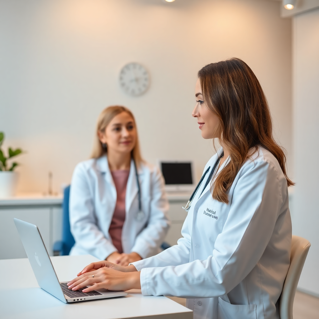 modern medical consultation room, female doctor with patient, professional healthcare setting, warm lighting, trust and comfort