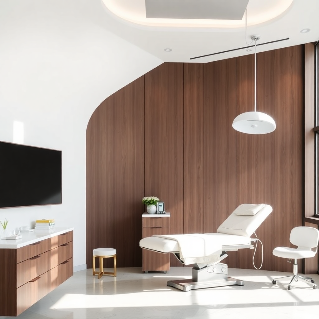 elegant medical clinic interior with soft natural lighting, minimalist design, luxury healthcare environment, professional photography
